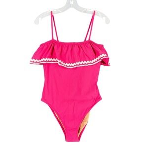 J Crew Womens Bathing Suit 6 Pink Ruffle Bandeau Rickrack‎ One Piece Swimsuit